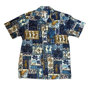 Kalaheo Mens Hawaiian Shirt Blue Patchwork Hula Girl Camp Made in Hawaii M